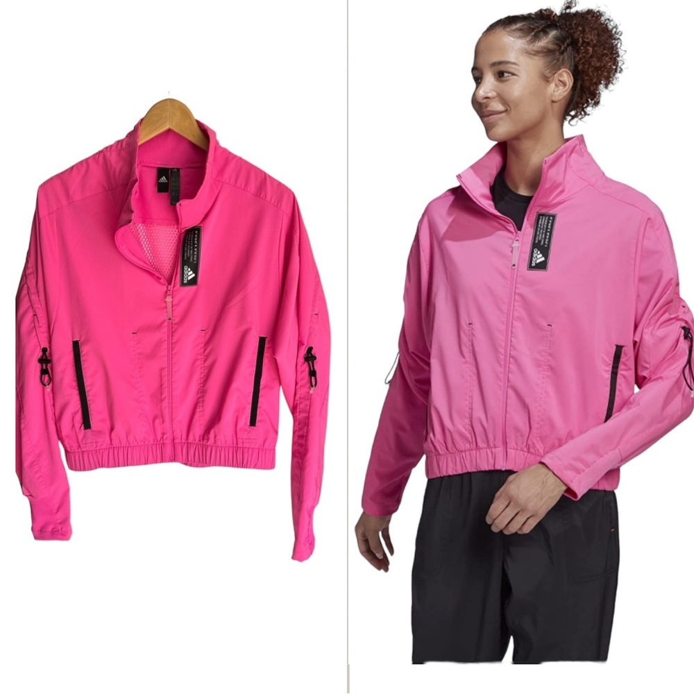 Adidas Pink Tech Track Cropped Windbreaker Jacket Size Small